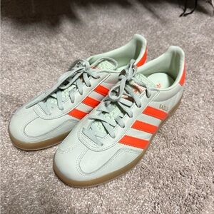 Adidas Gazelle Shoes in Light Green and Bright Orange